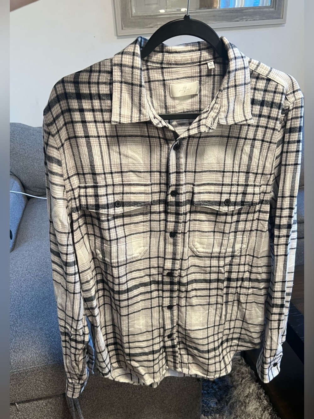 7 For All Mankind Men's Black & Cream Plaid Button-Down Shirt